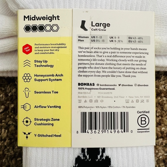 Bundle of 4 - Bombas Men's Solids Calf Sock - White (Size Large) - Picture 2 of 3